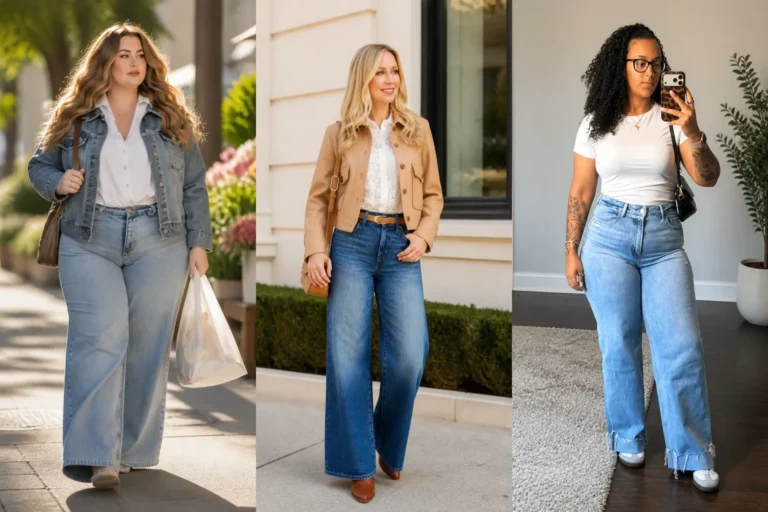 20 Bold Plus Size Wide Leg Jeans Outfits for Women Over 40 - Featured