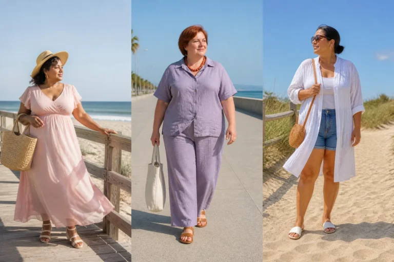 20 Classic Plus Size Beach Outfits for Women Over 40 - Featured