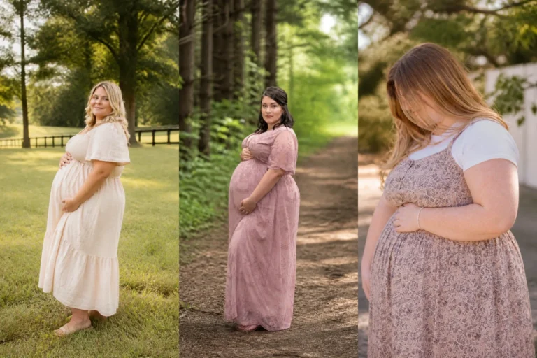 20 Stylish Plus Size Maternity Photoshoot Outfits for Women Over 40 - Featured