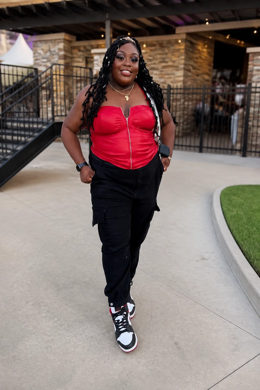 Bold red corset and cargo street style