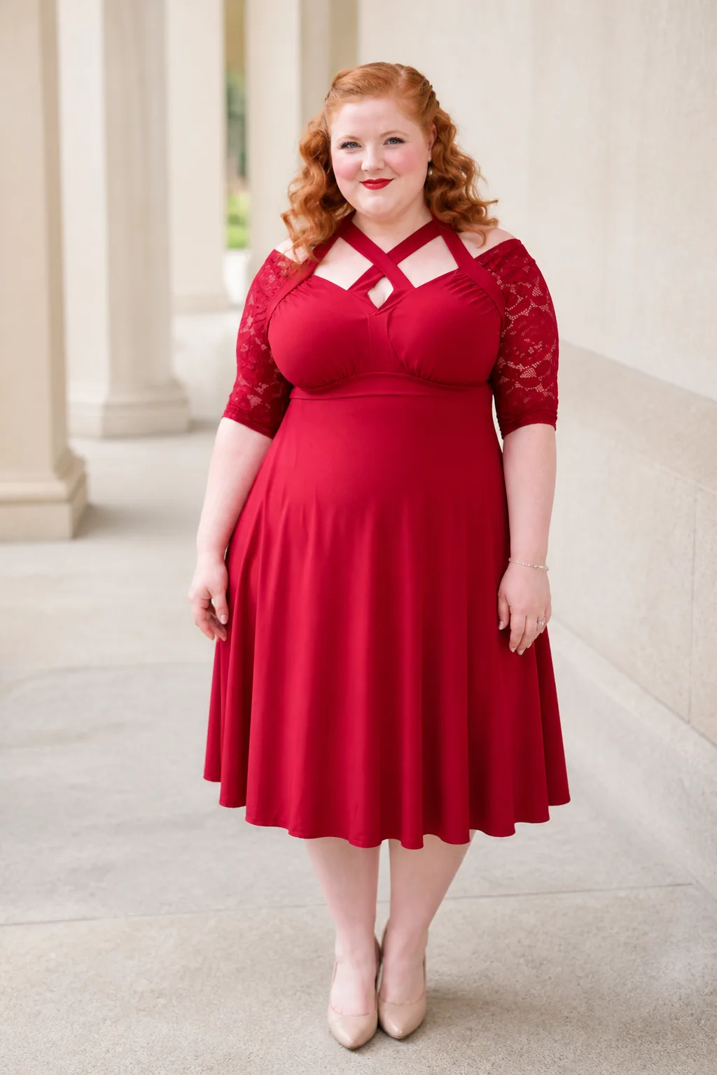 Bold Red Dress with Lace Sleeves