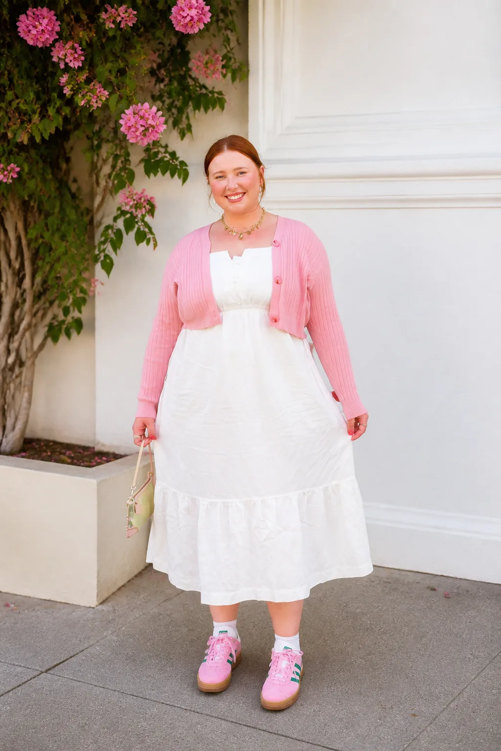 Breezy White Dress with Pink Cardigan