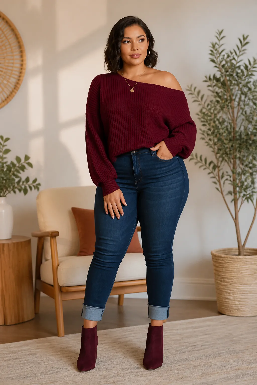 Burgundy Chic Meets Denim Glam