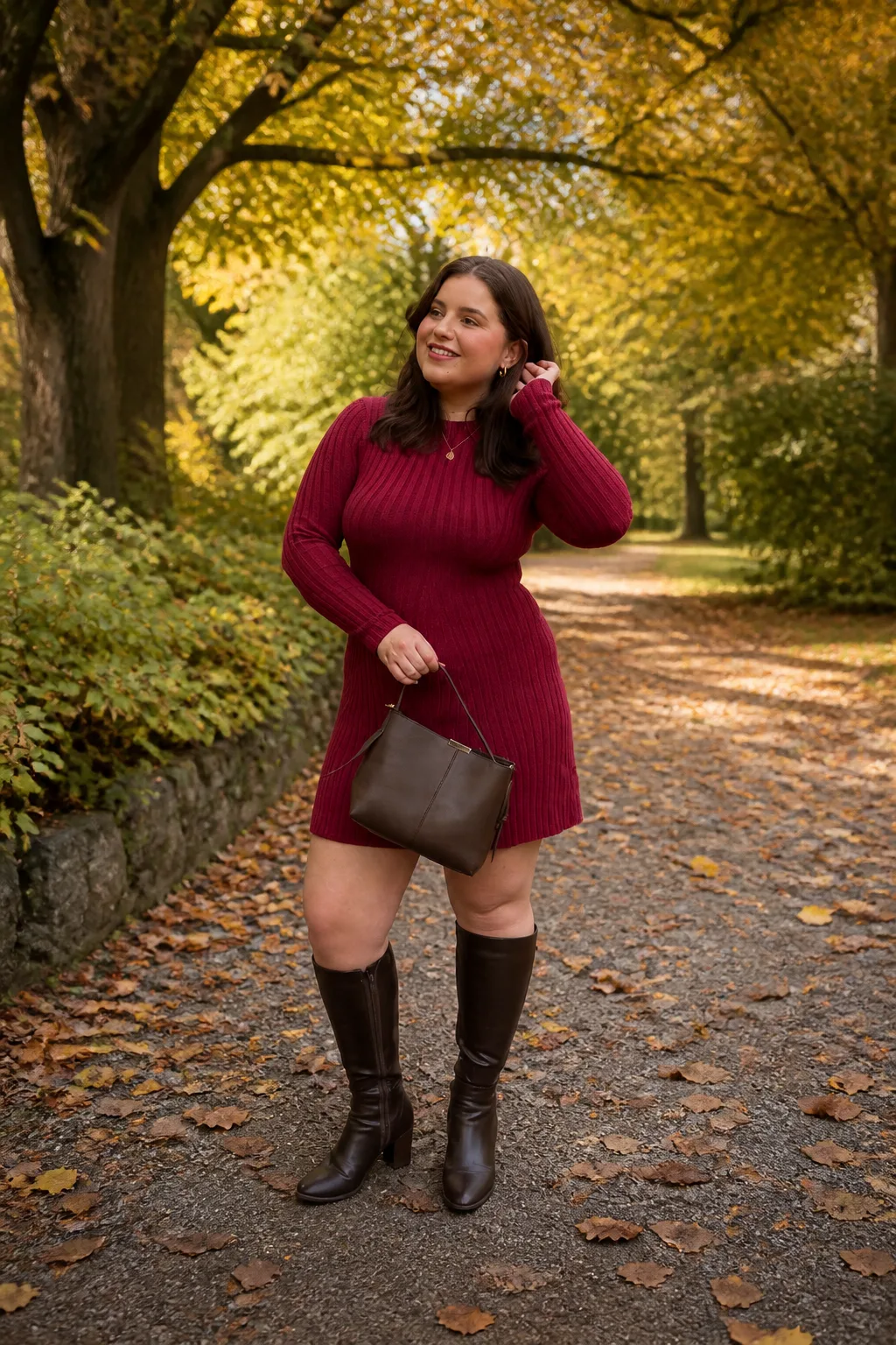 Burgundy Sweater Dress with Boots