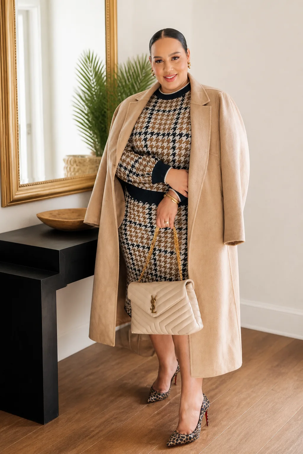 Camel Coat Over Houndstooth Dress