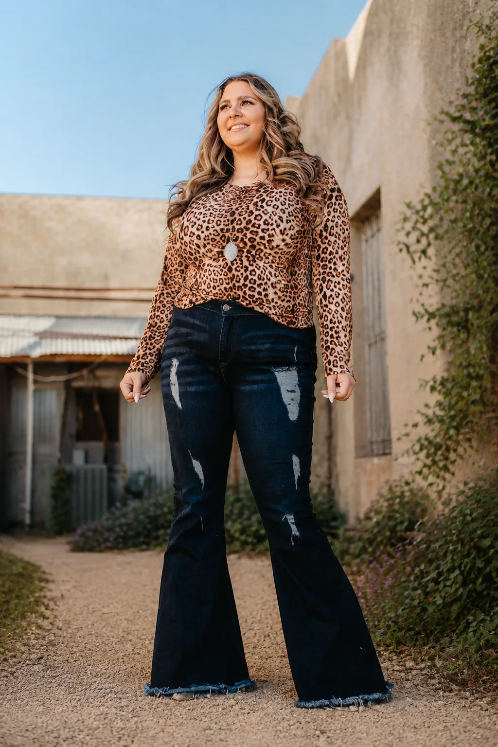 Casual Leopard Print Top and Flare Denim Look