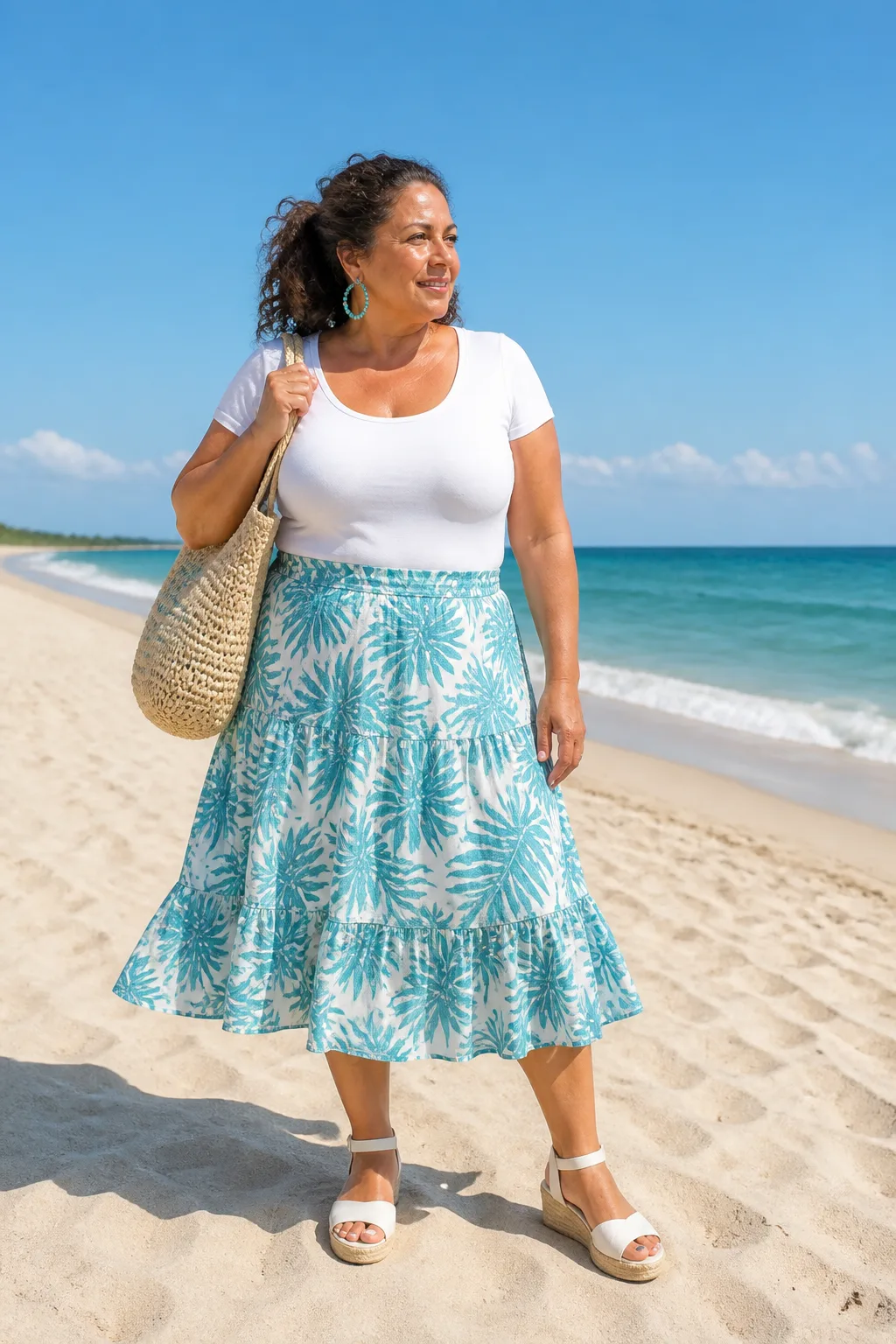 Casual White Tee and Printed Skirt Ensemble