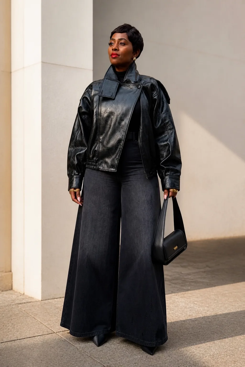 Chic All-Black Denim Wide-Leg Look