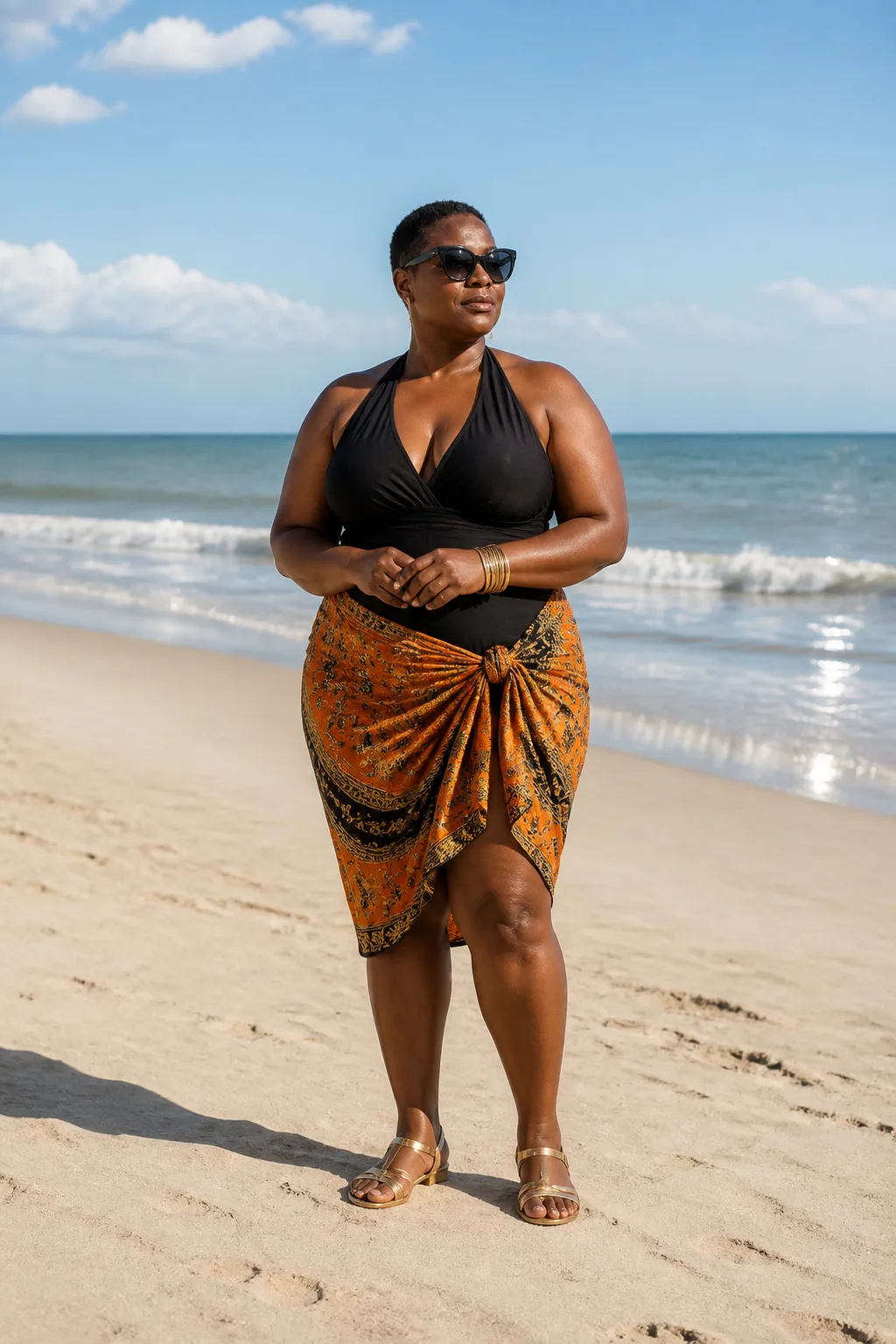Chic black one-piece with a sarong