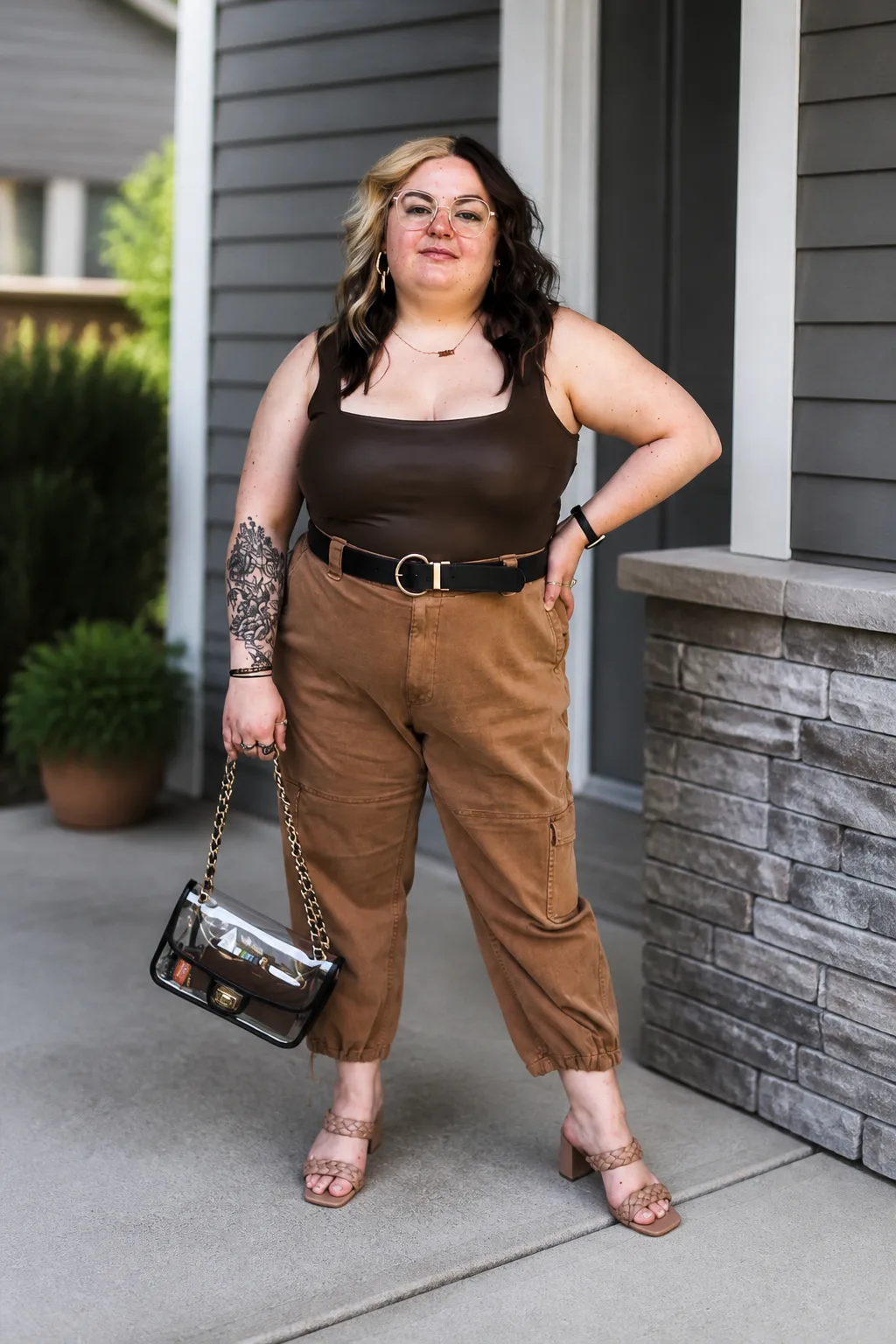 Chic Brown Bodysuit and Cargo Pants