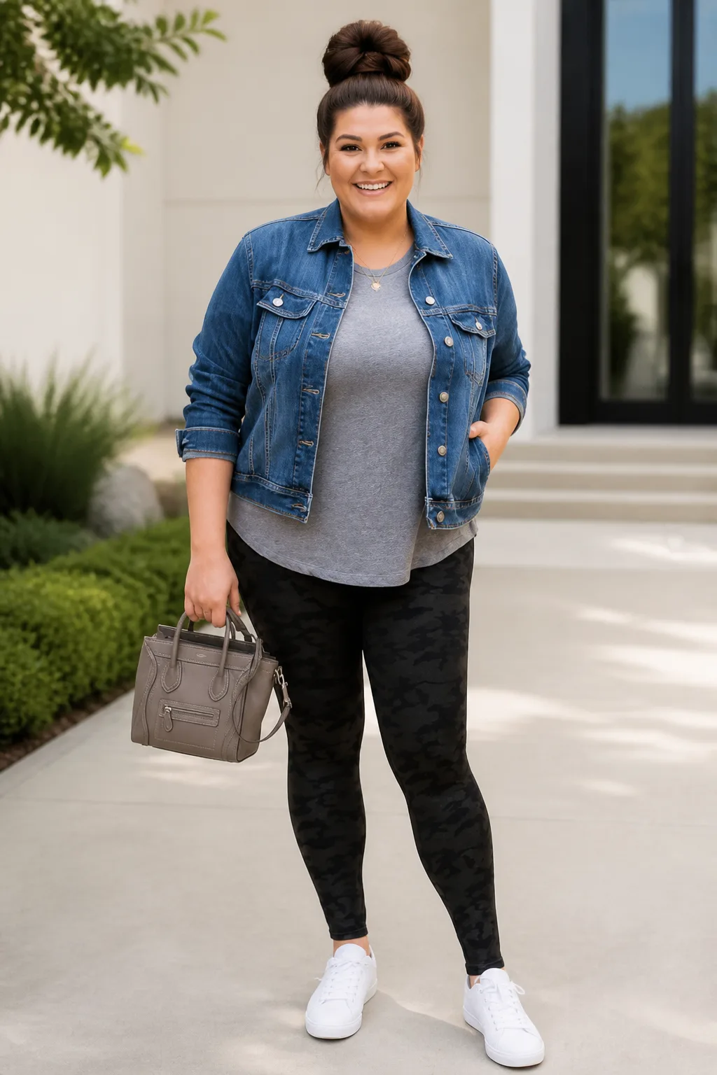 Chic Camo Leggings and Denim Jacket Look