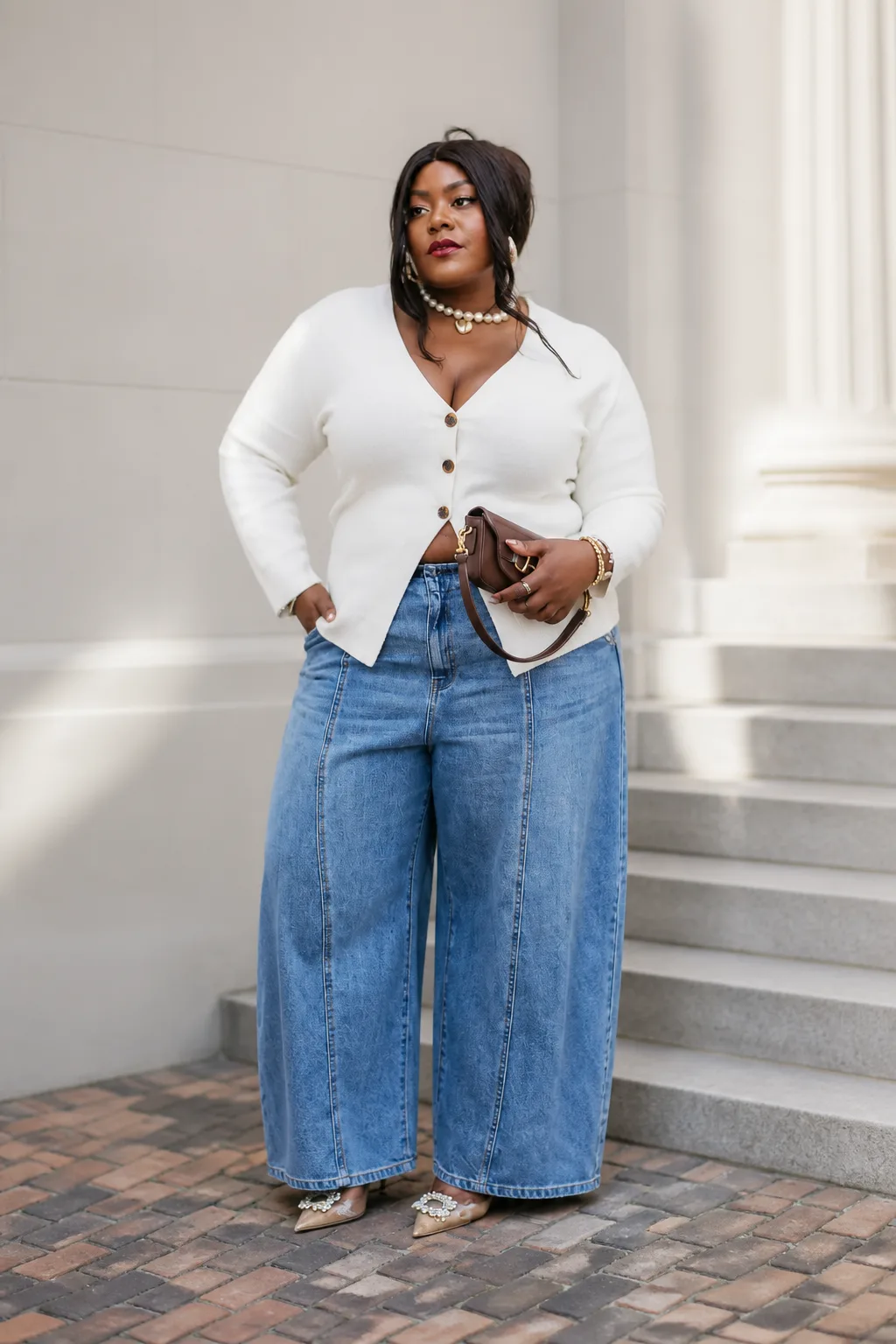 Chic Cardigan and Wide Leg Denim Outfit