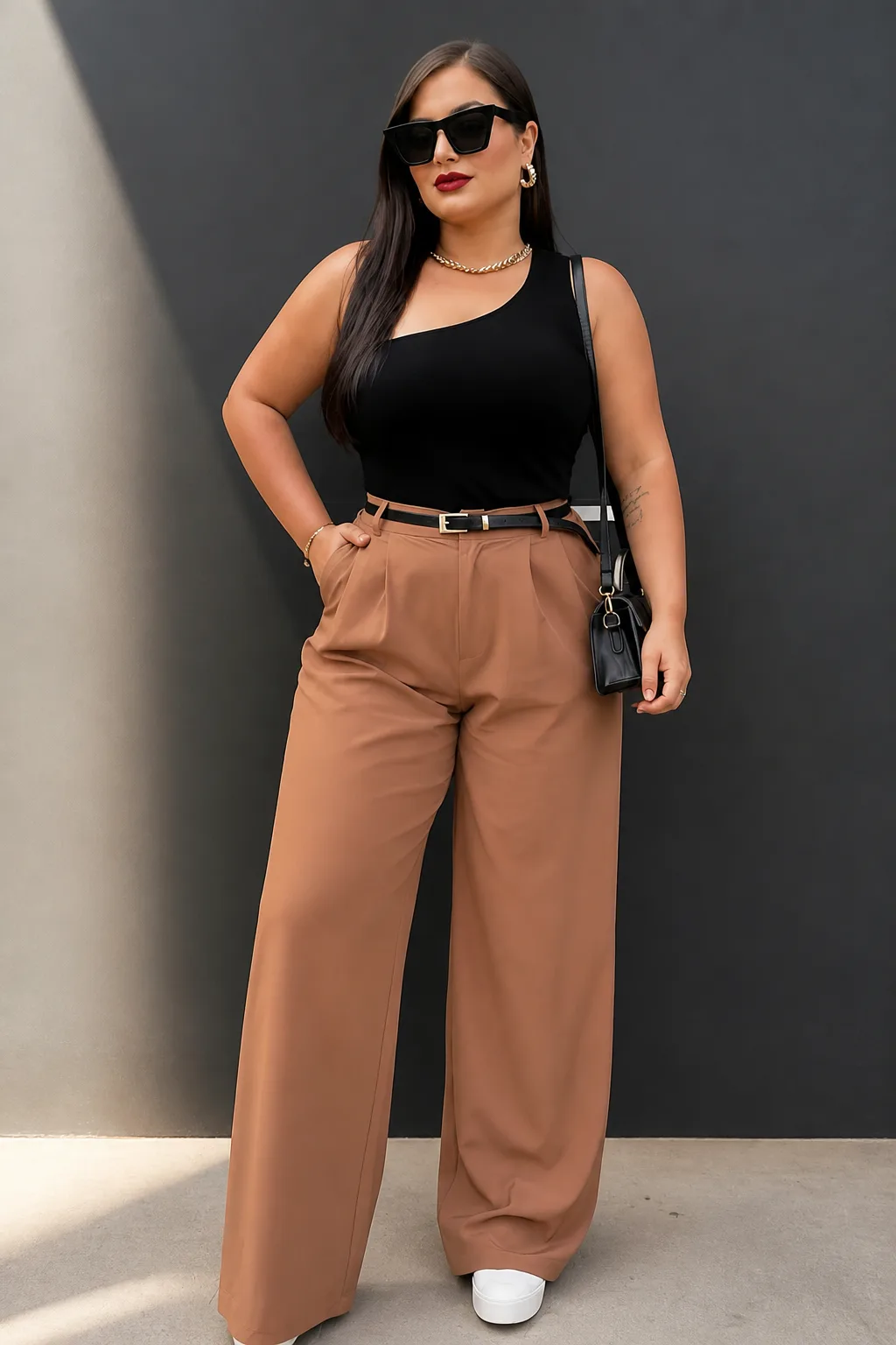 Chic Contrast: Black Top, Tan Trousers