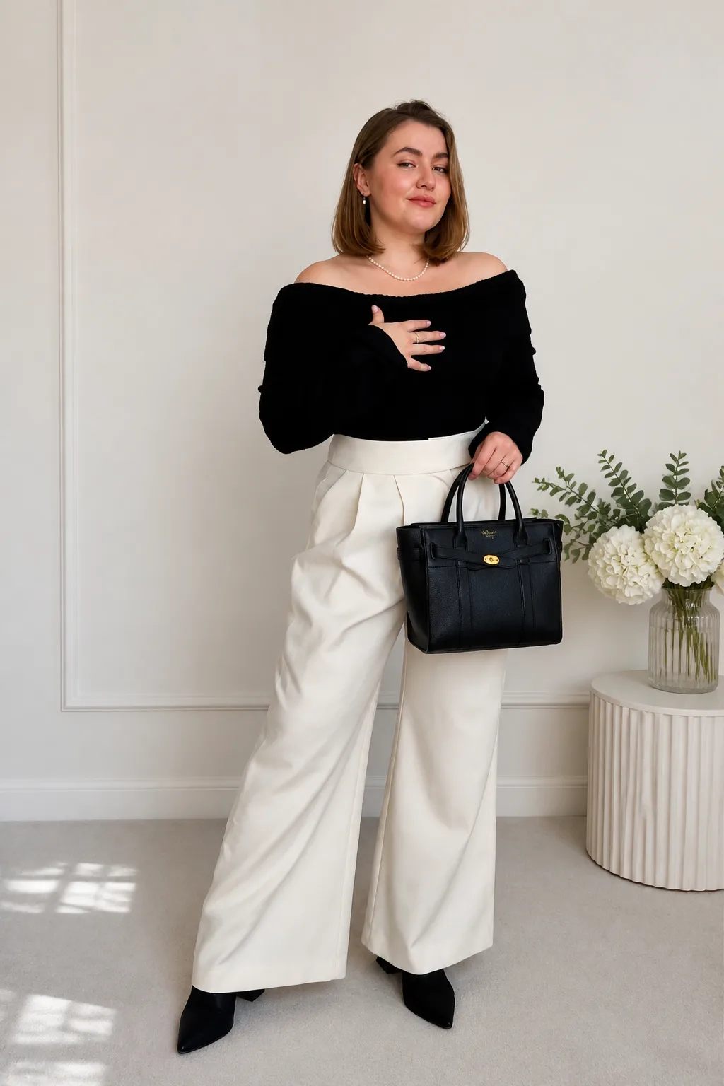 Chic Contrast: Off-Shoulder Top and Wide-Leg Trousers
