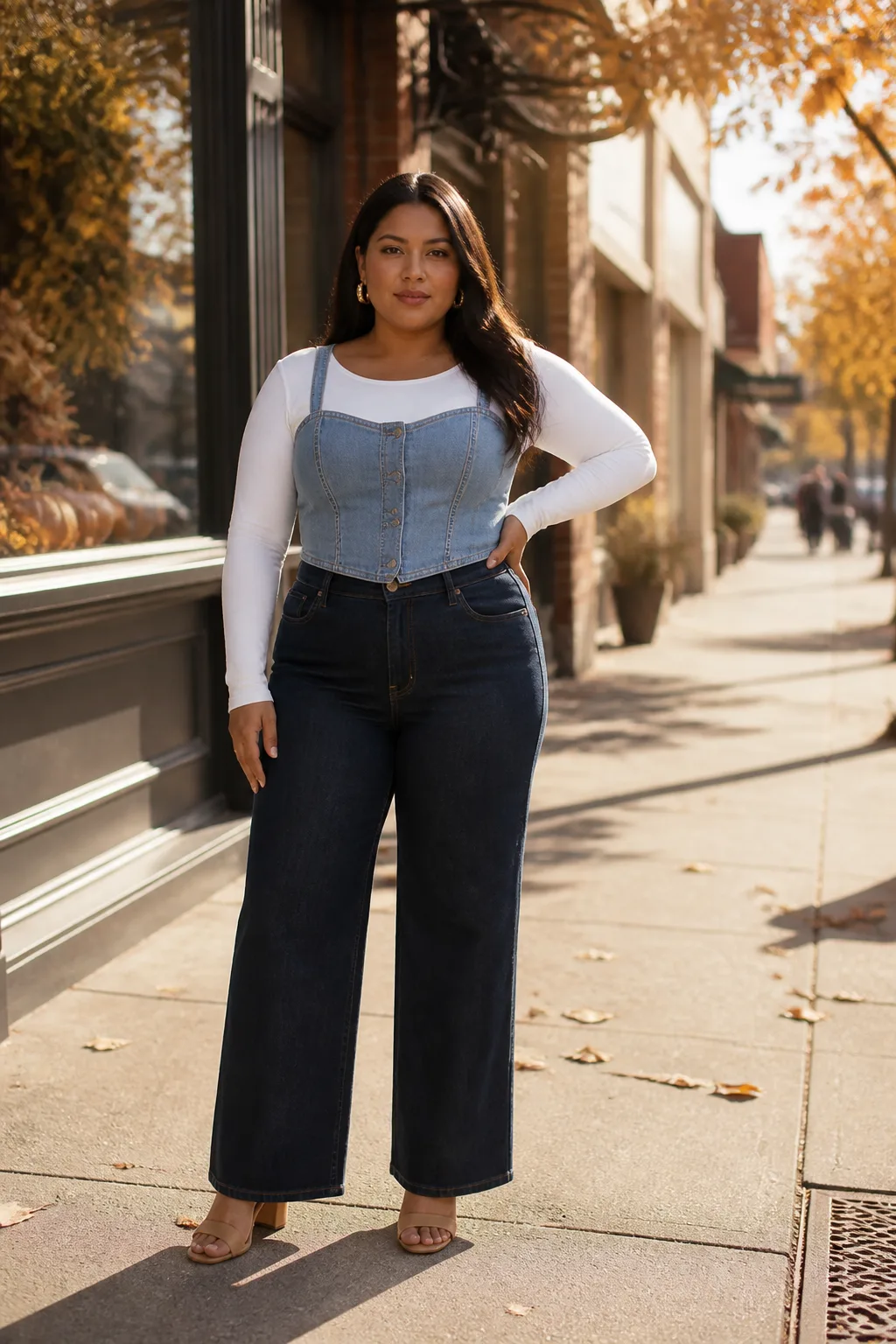 Chic denim corset and wide-leg jeans