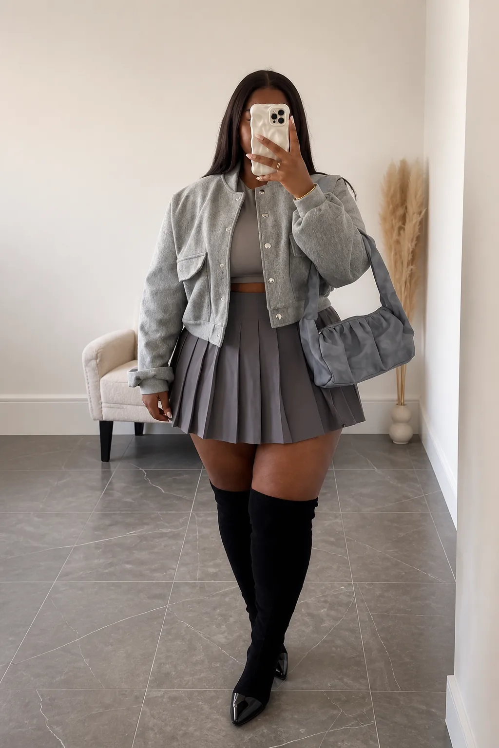 Chic Grey Layers with Thigh-Highs