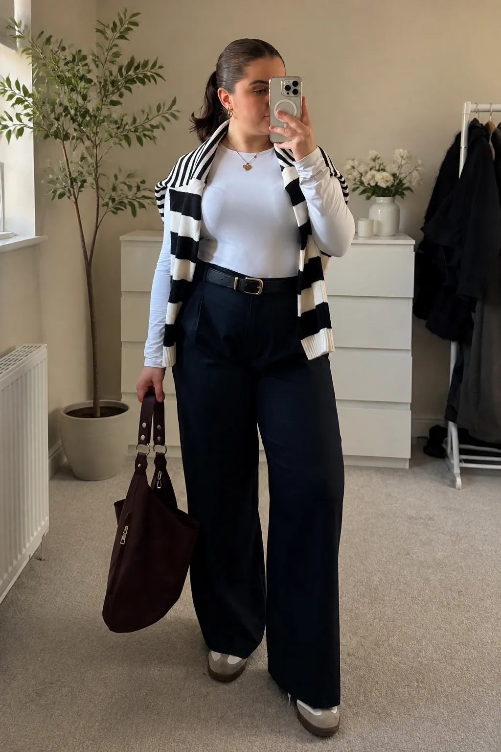 Chic Monochrome with Striped Cardigan