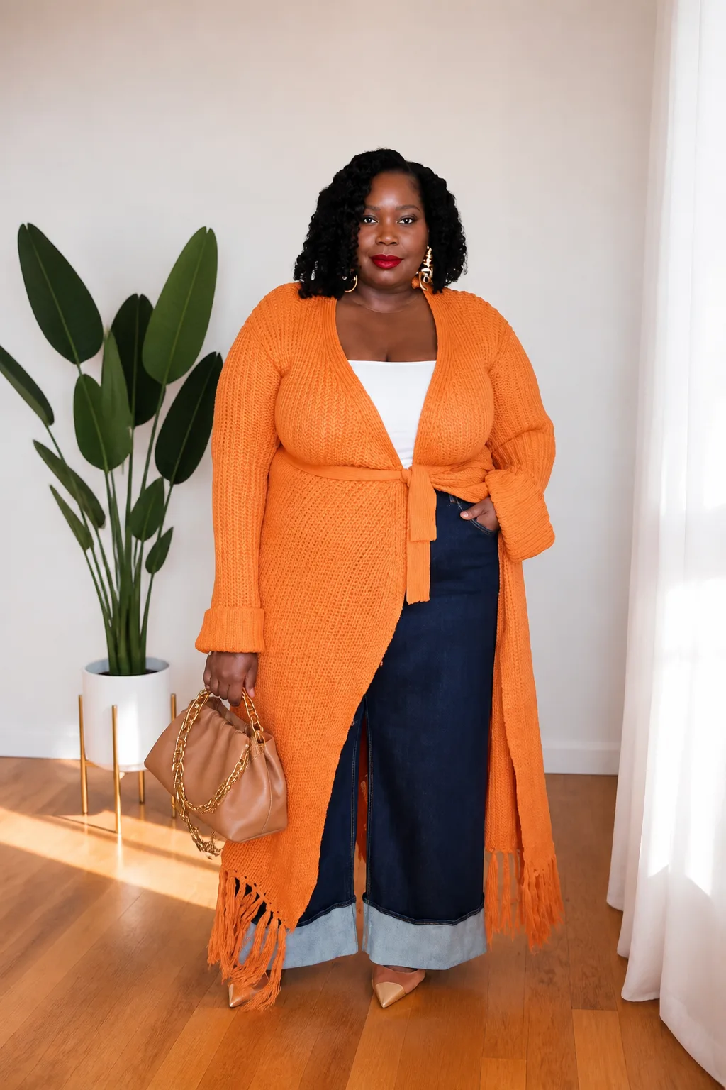 Chic Orange Cardigan and Wide Leg Jeans Ensemble
