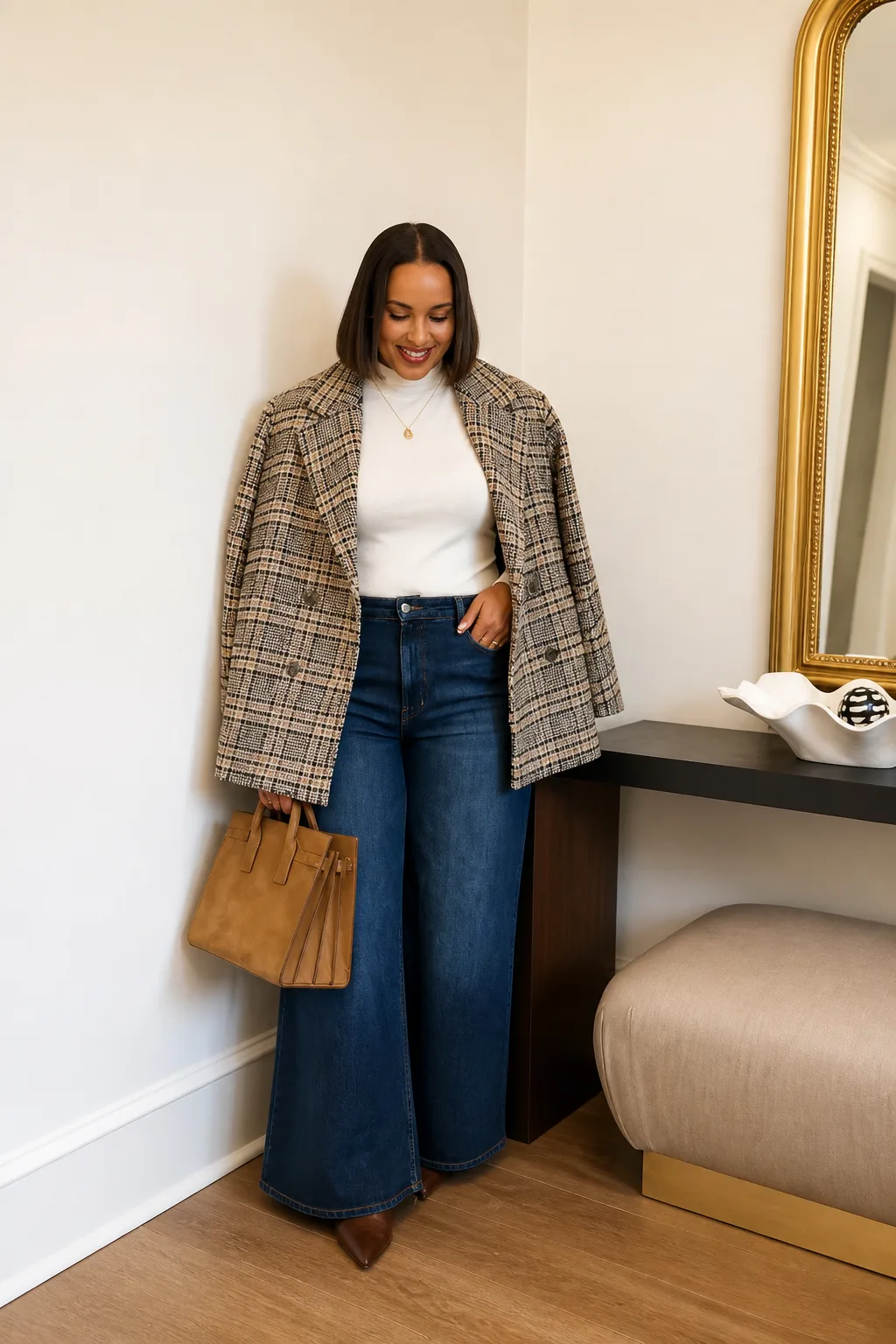 Chic Plaid Coat and Wide-Leg Jeans