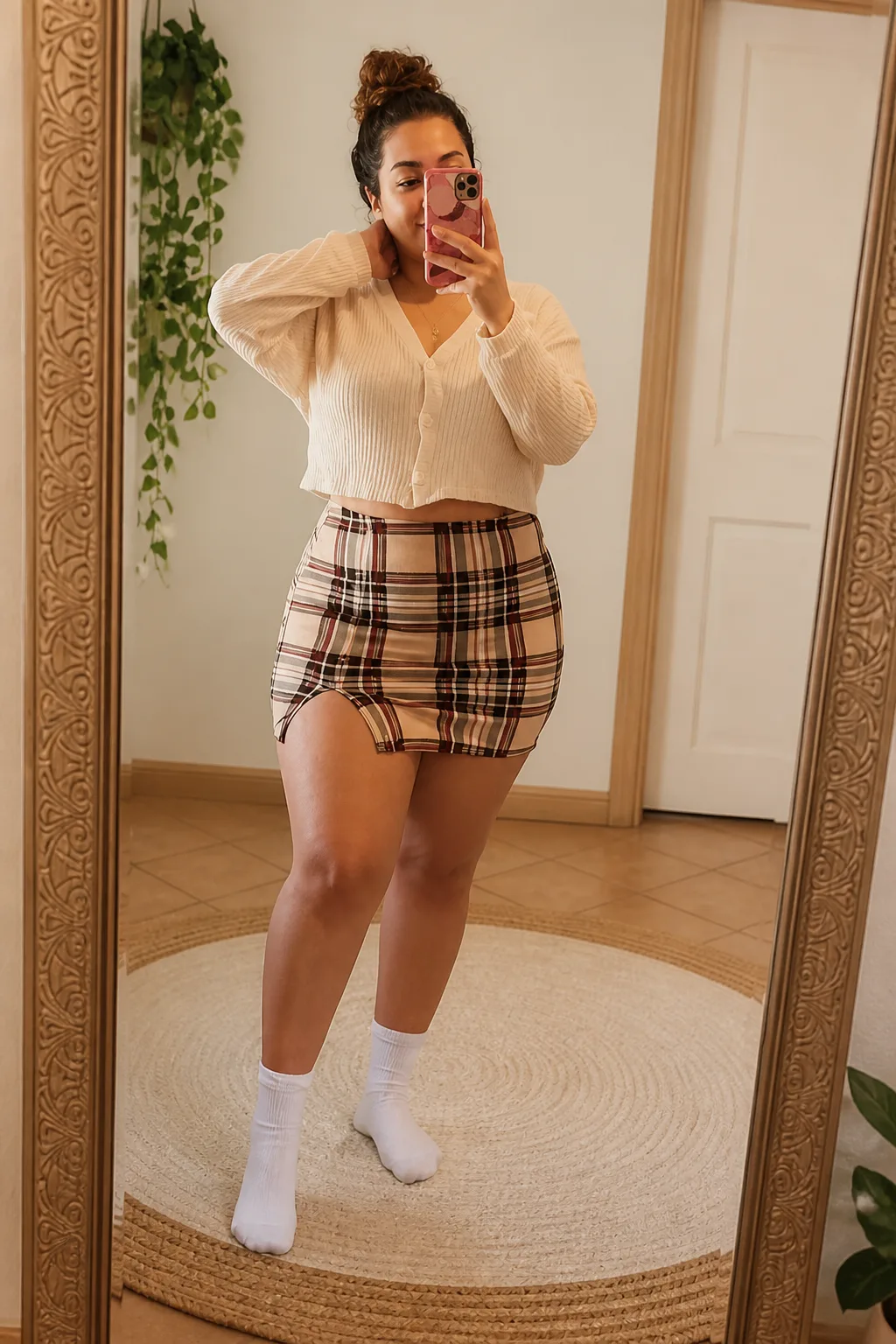 Chic Plaid Mini with Cropped Cardigan
