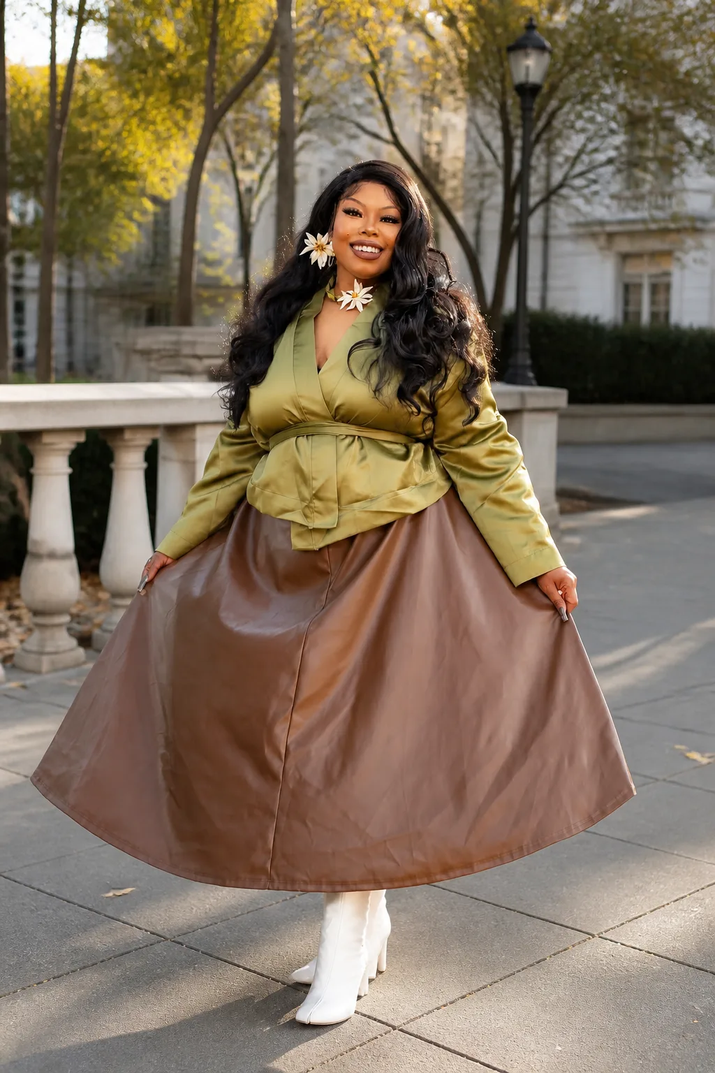 Chic Satin &amp; Midi Skirt Plus Size Look