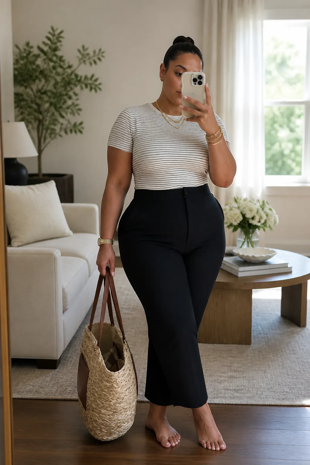Chic Stripes and High-Waisted Elegance