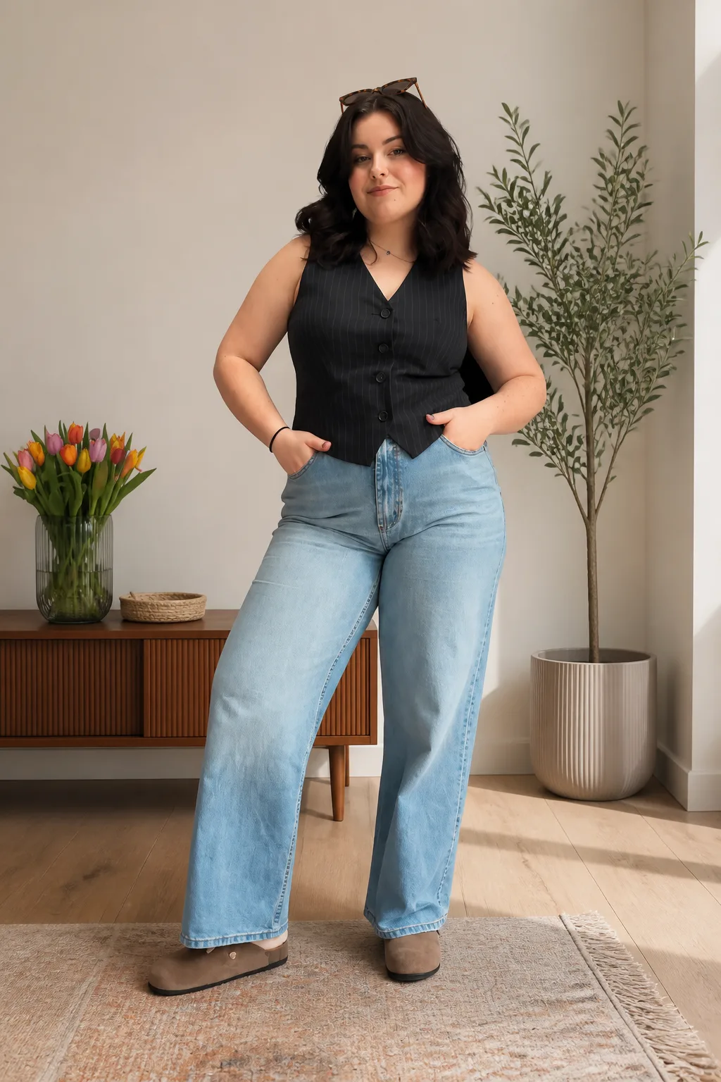 Chic Vest and Wide-Leg Jeans Combo