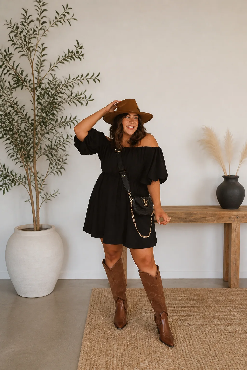 Chic Western-Inspired Black Dress Outfit