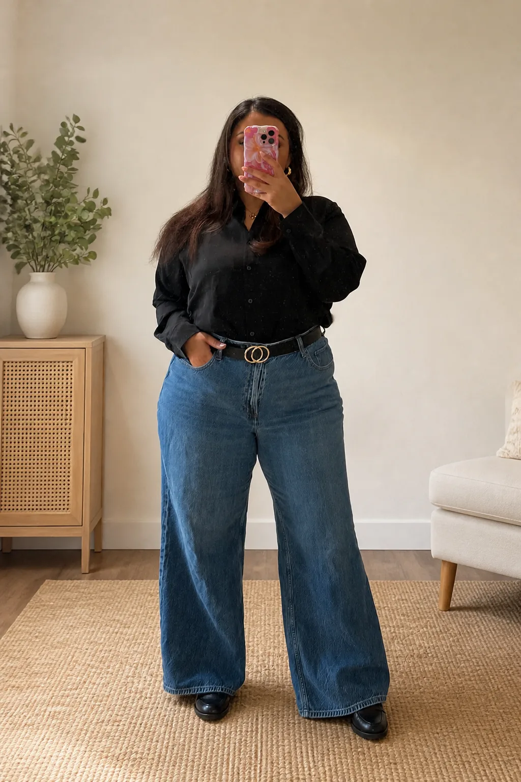 Classic Black Blouse and Wide-Leg Denim