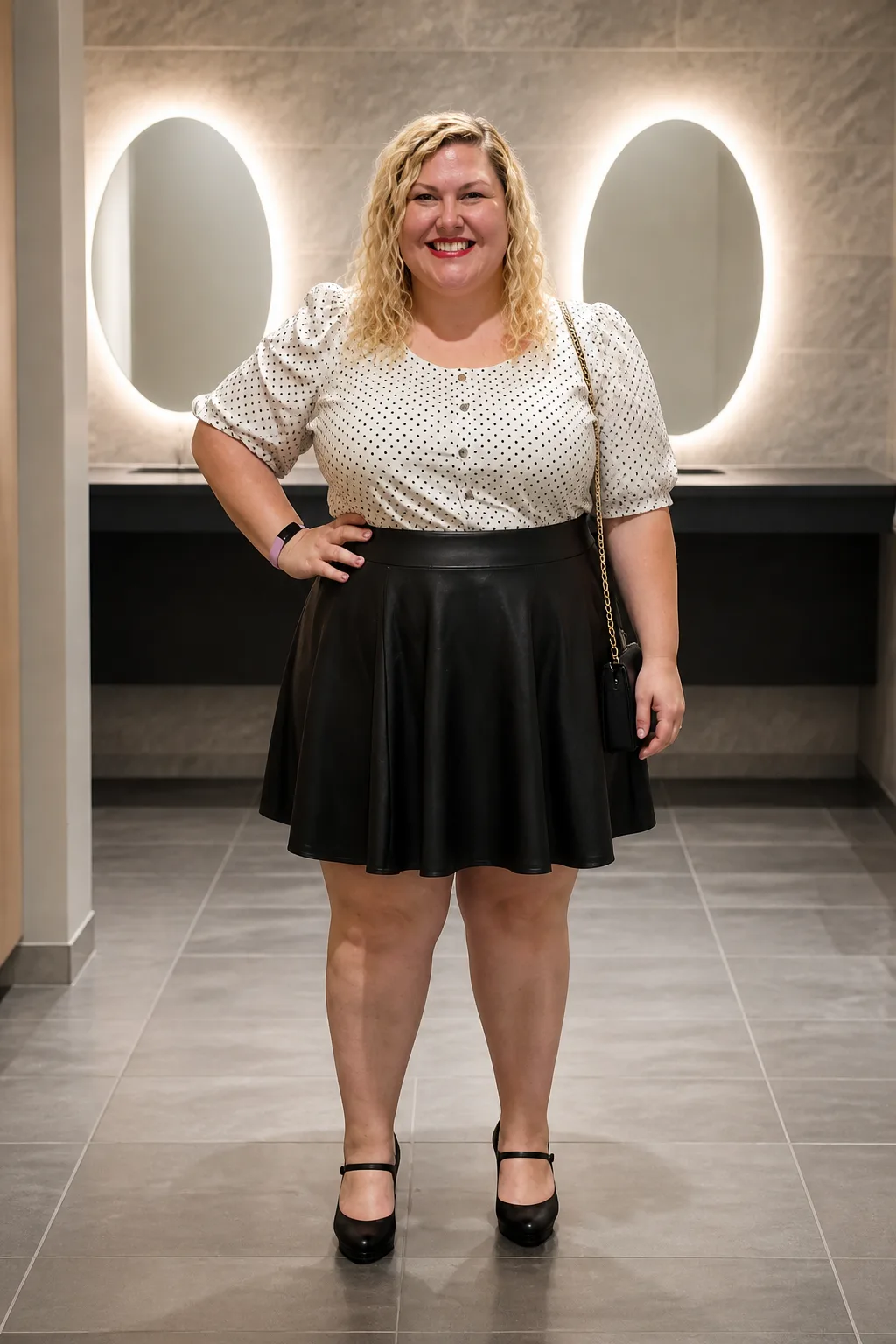 Classic Polka Dot Blouse and Leather Skirt