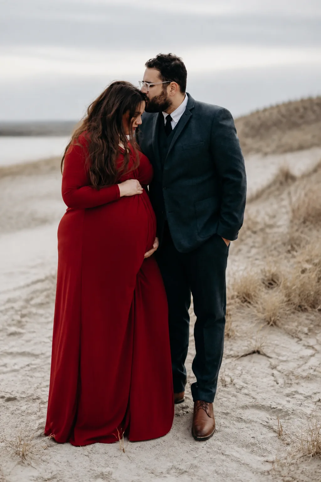 Classic Red Gown for Couple's Maternity Photos