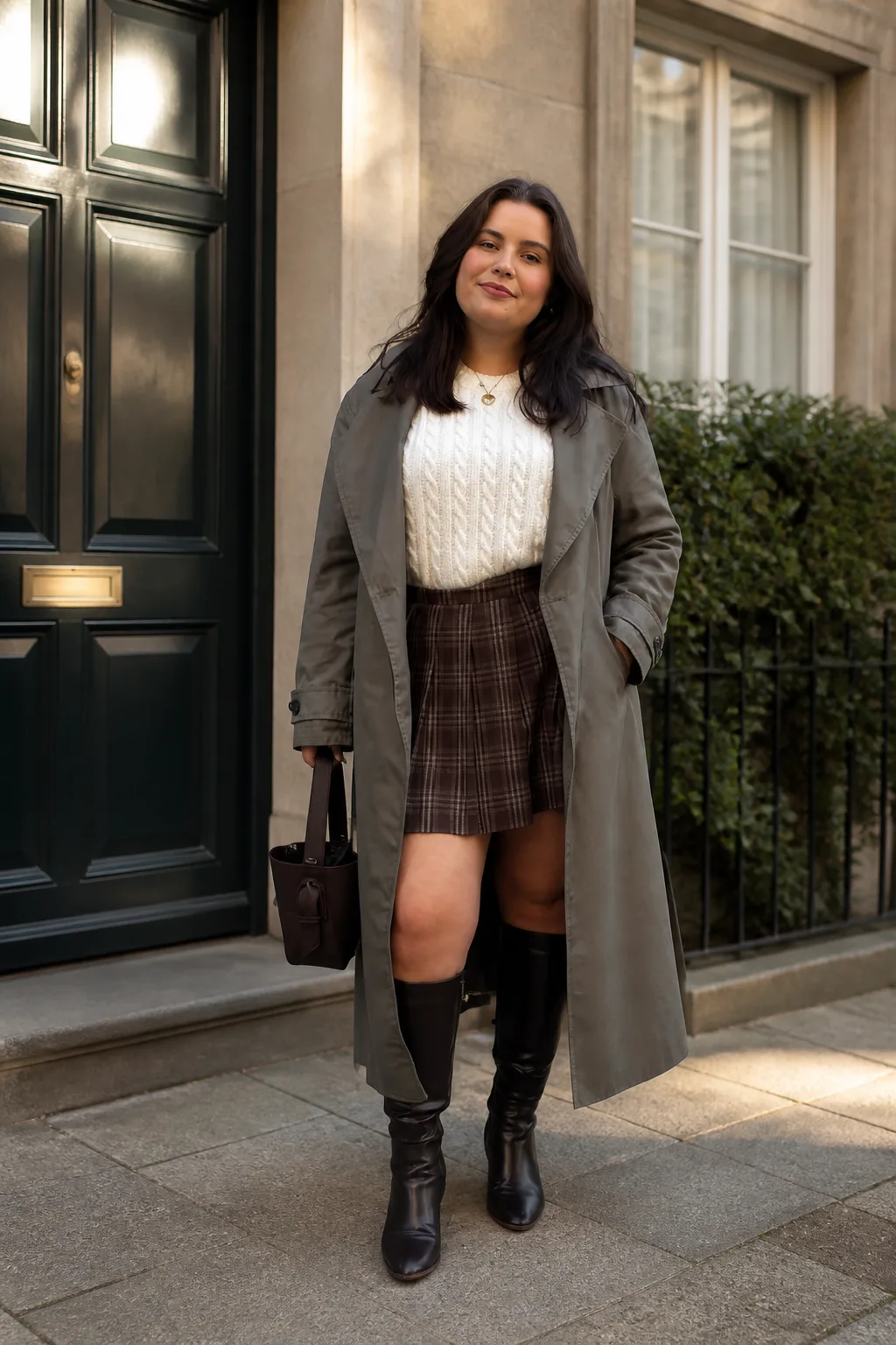 Classic Trench and Plaid Skirt Combo