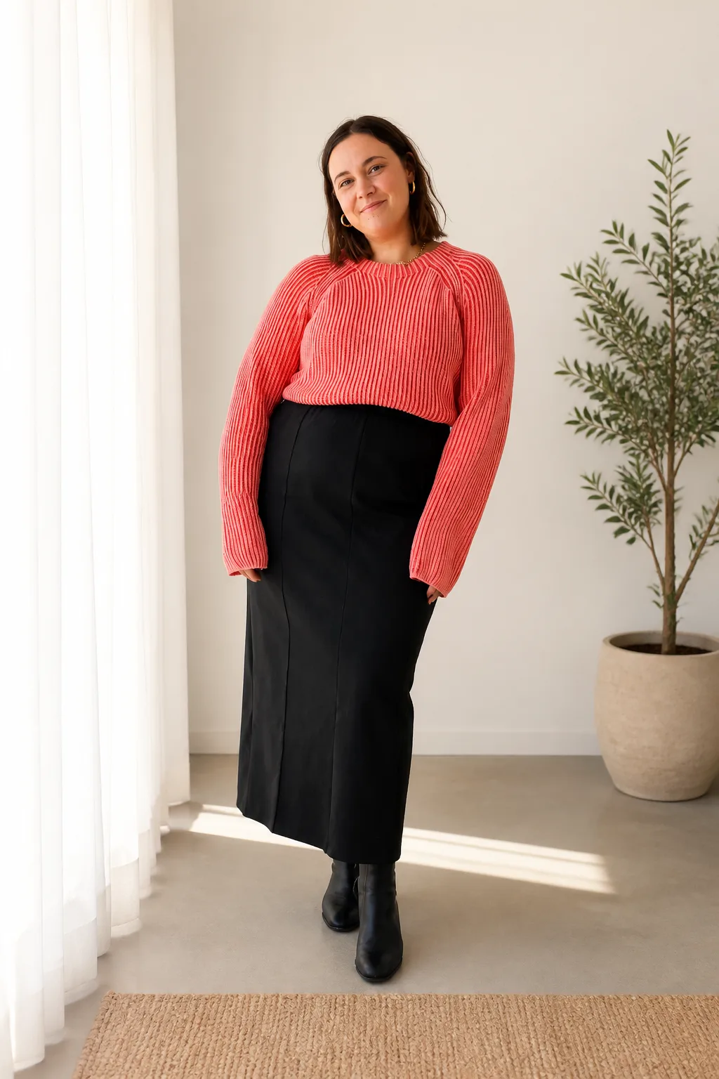 Coral Sweater with Tailored Maxi Skirt