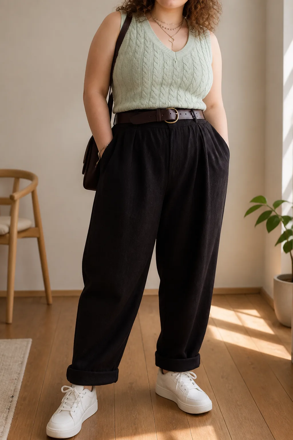 Cozy Knit and High-Waisted Elegance