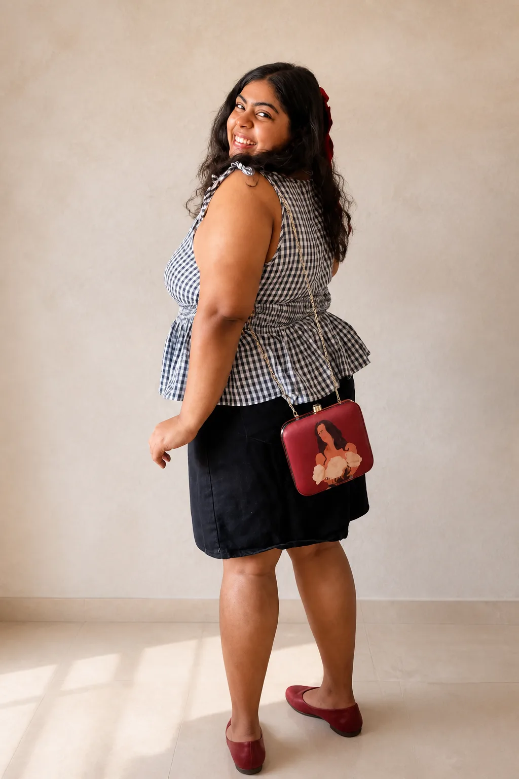 Cute gingham peplum top and black mini skirt combo