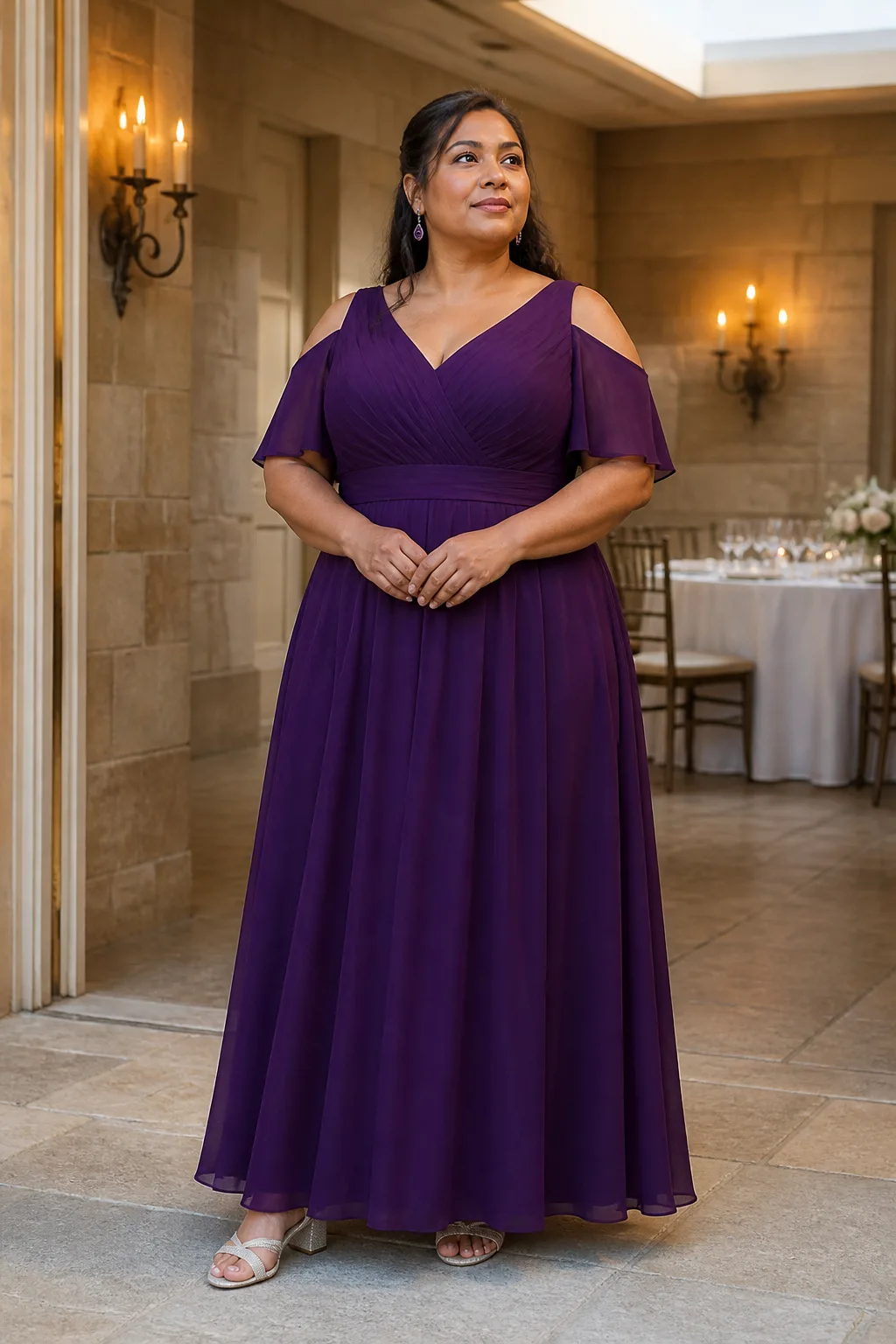 Deep Purple Cold-Shoulder Gown for Wedding Party