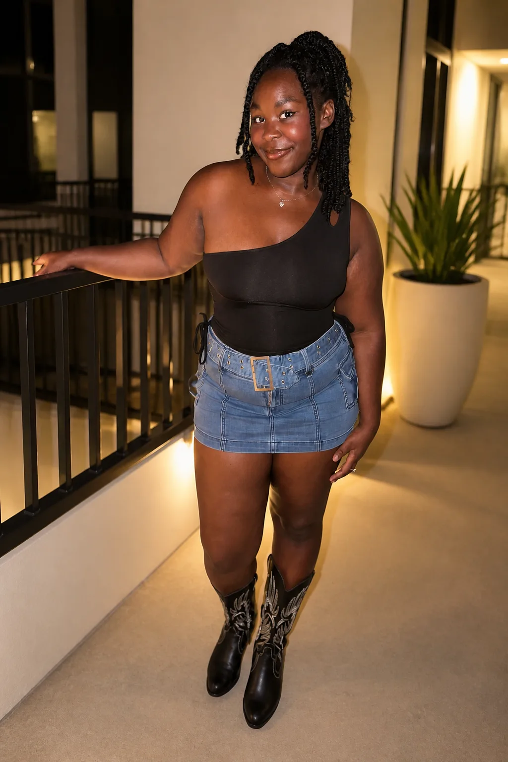 Denim skirt and bodysuit night out look