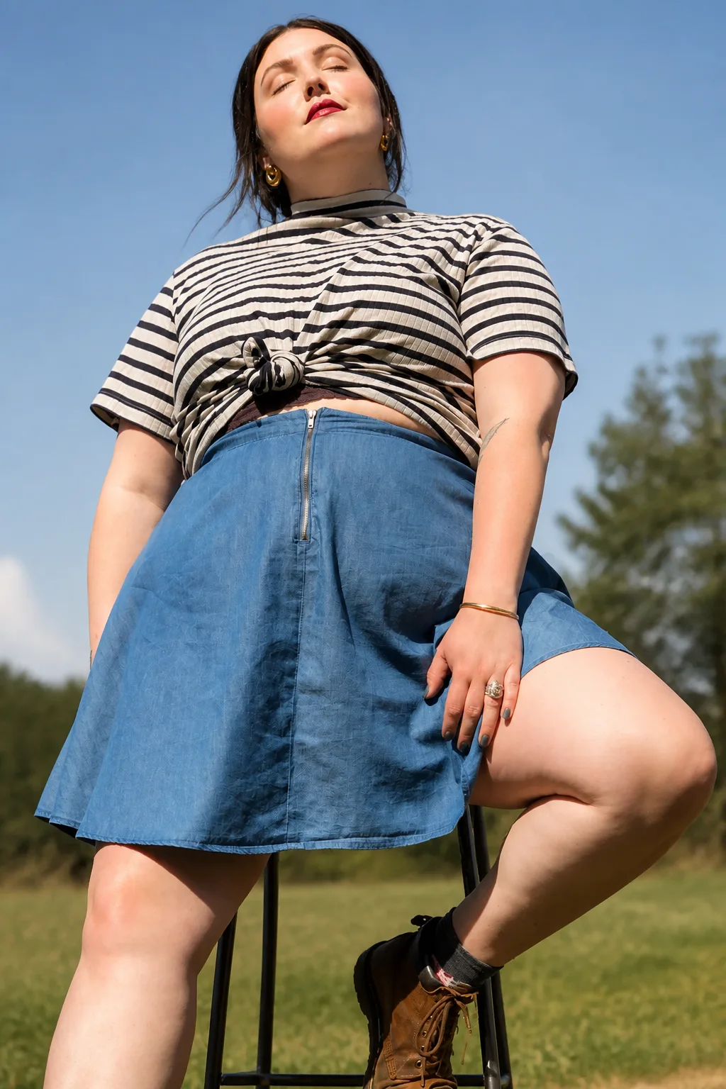 Denim Skirt and Striped Crop Top