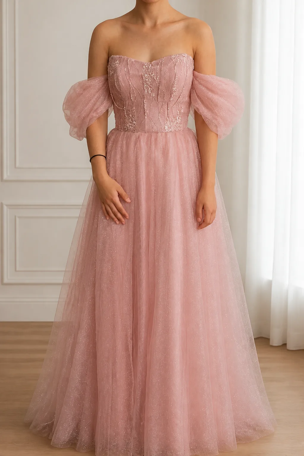 Dreamy dusty rose off-the-shoulder gown