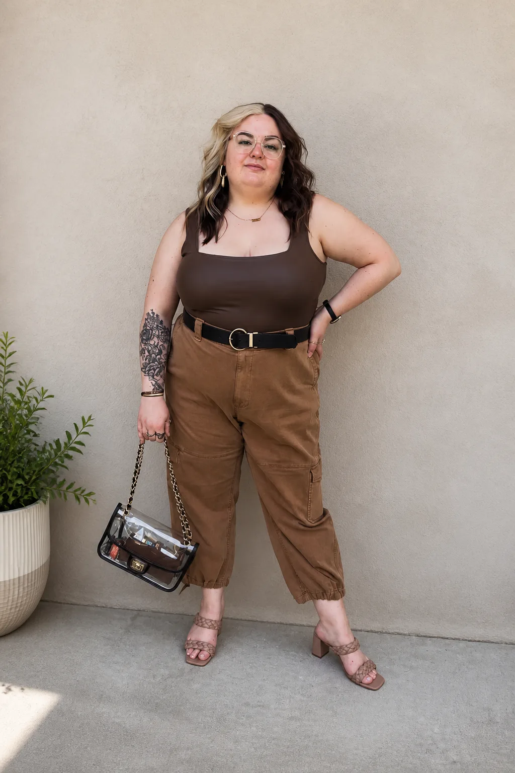 Earth-toned cargo pants and corset top