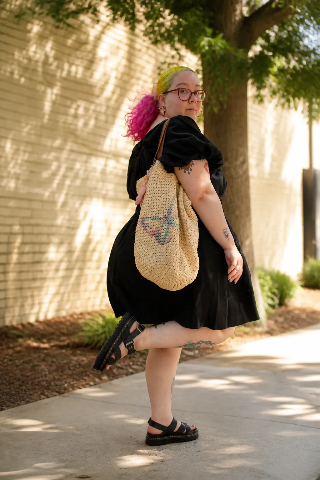 Easy Black Dress with Woven Tote