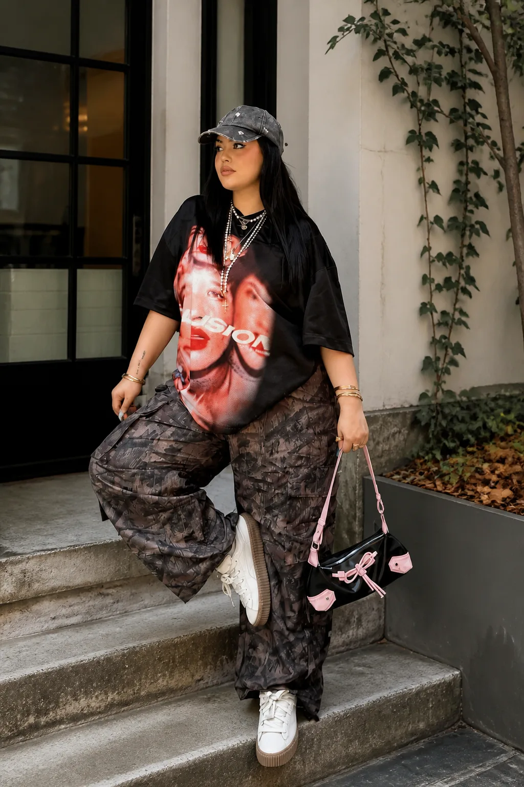 Edgy Graphic Tee and Patterned Pants