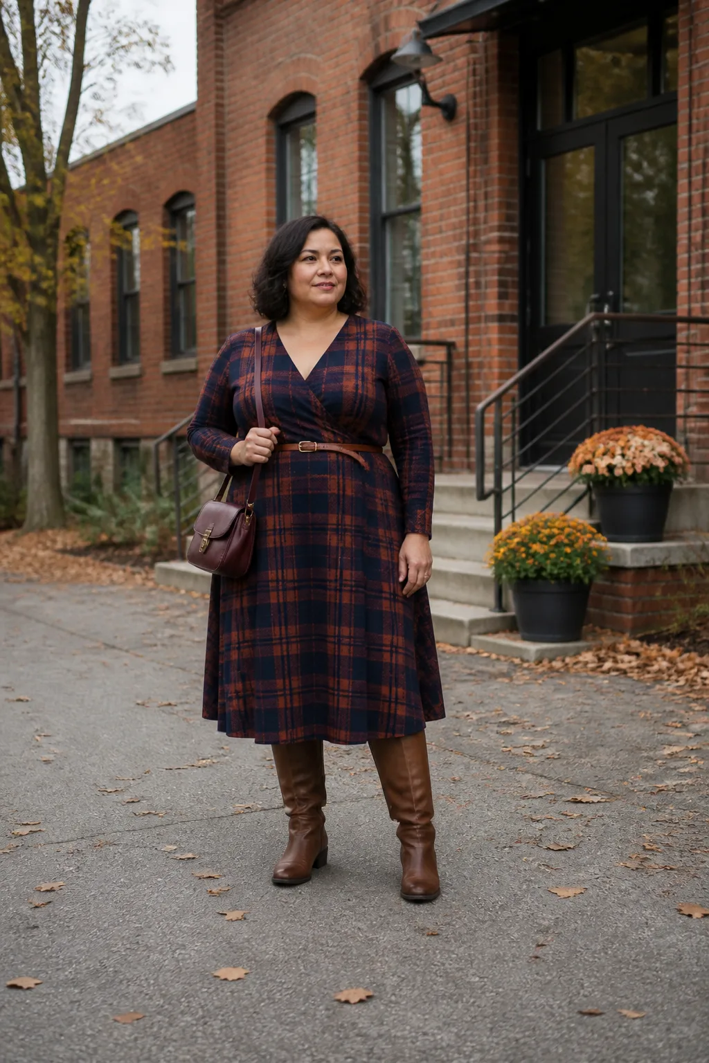 Edgy Plaid Dress and Knee-High Boots