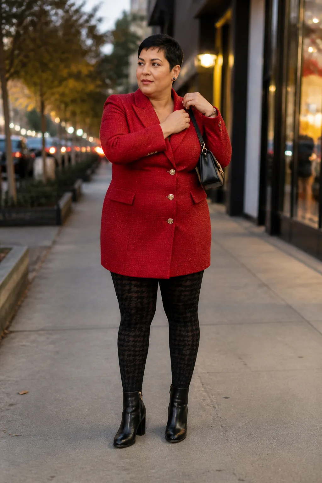 Edgy red blazer and patterned tights