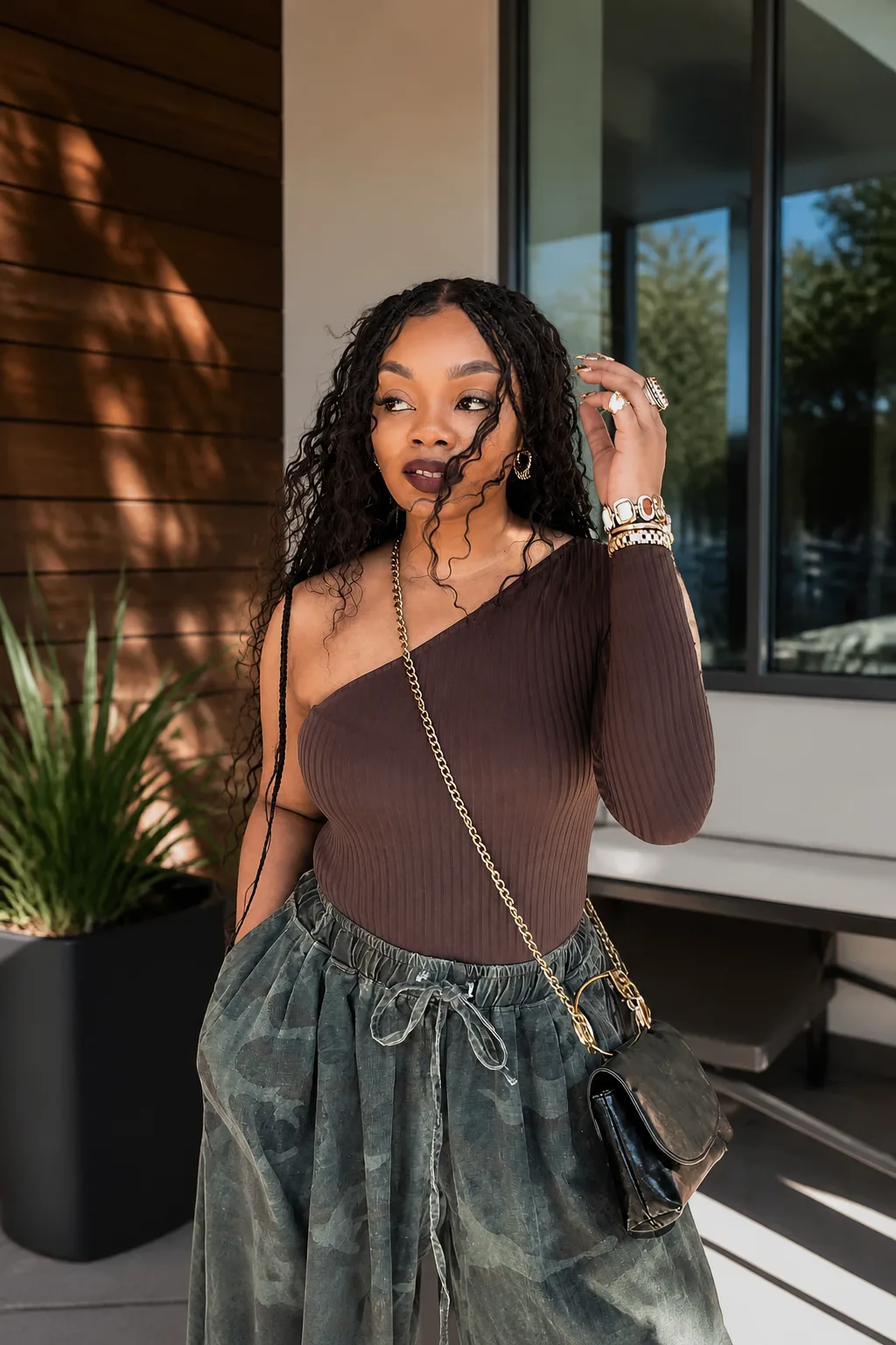 Edgy & Trendy: One-Shoulder Top and Camo Pants