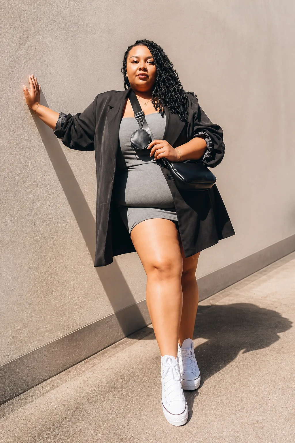 Effortless blazer and mini dress street style