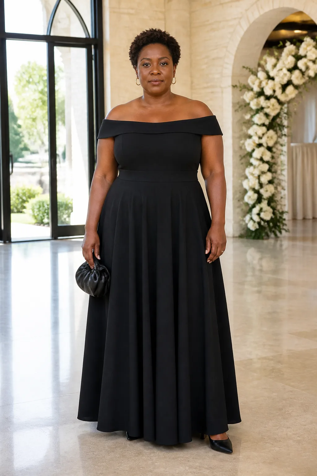 Elegant Black Off-Shoulder Gown for Curvy Bridesmaids
