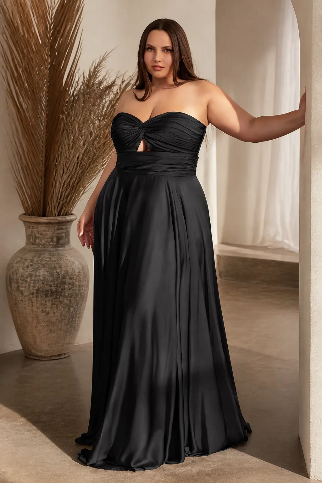 Elegant Black Satin Plus Size Prom Dress