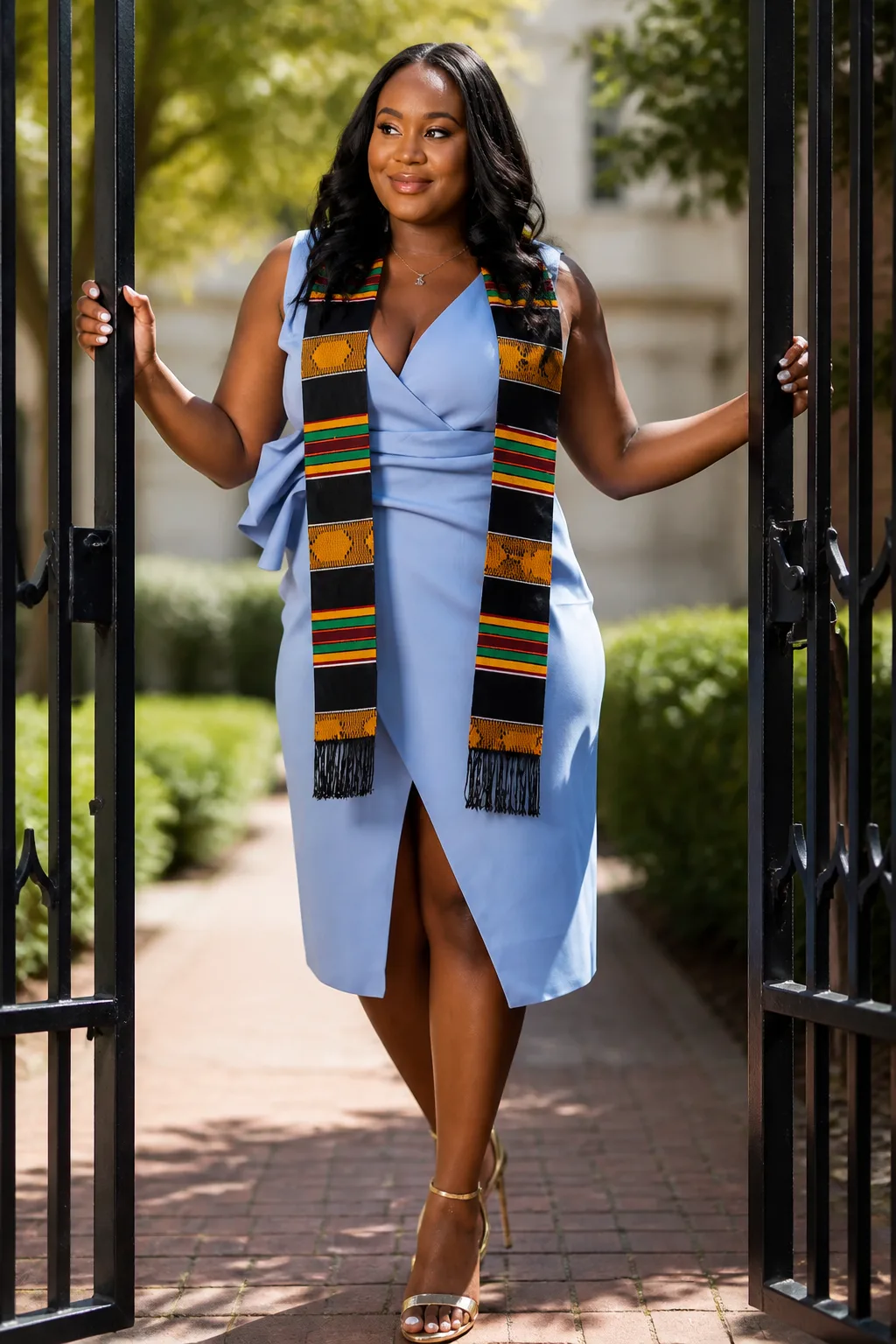 Elegant Blue Wrap Dress with Stole