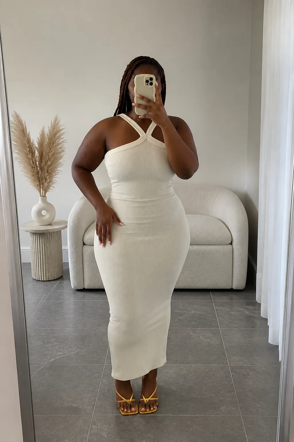 Elegant Cream Ribbed Maxi Dress